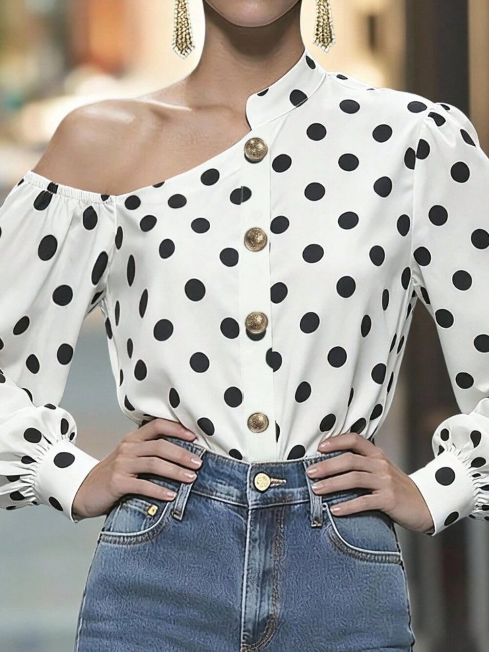Black & White Casual Womens Polka Dot Asymmetric One-Shoulder Long Sleeve Blouse